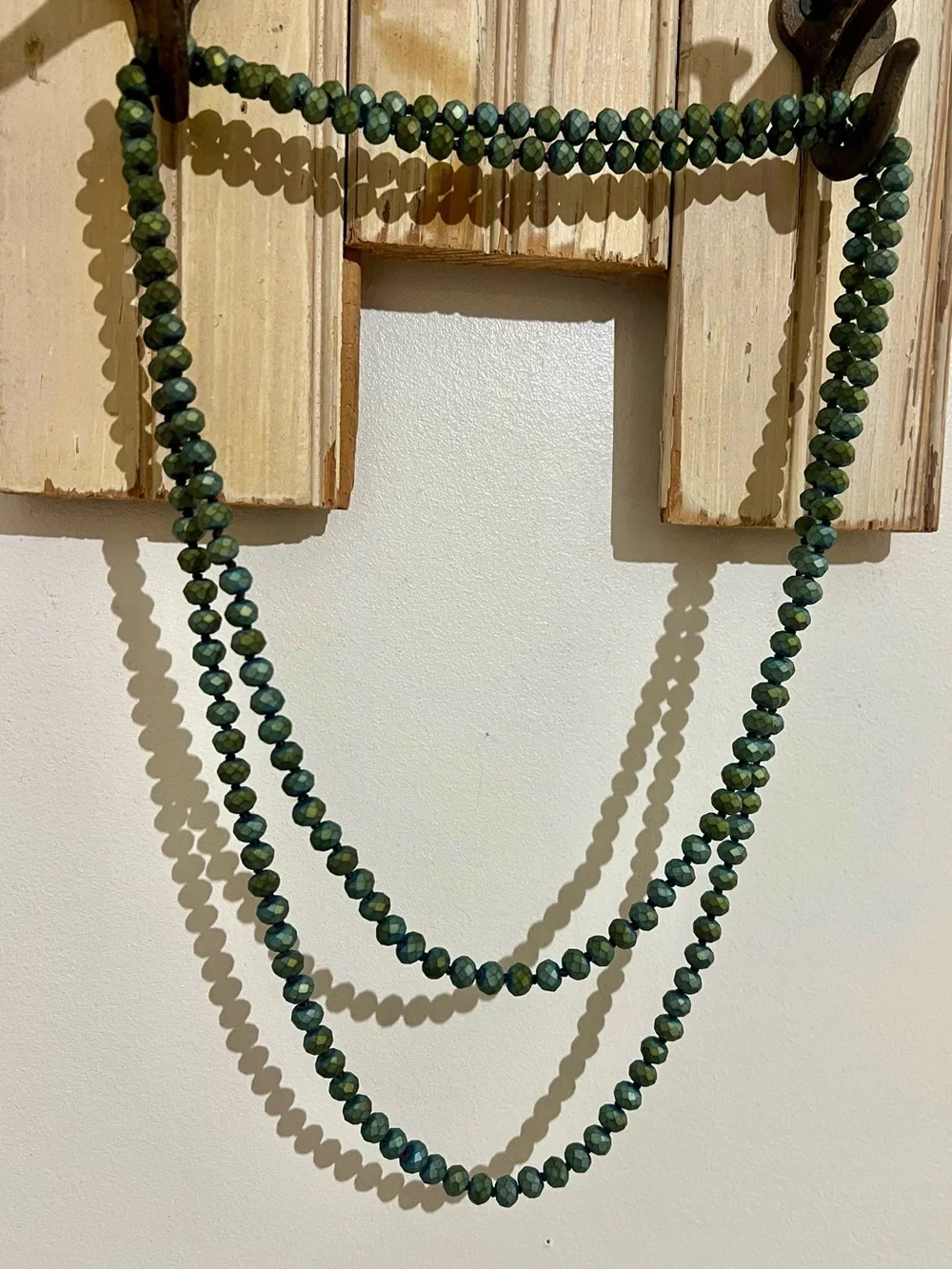 Vintage Necklace Long Iridescent Green Faceted Continuous Strand 56”